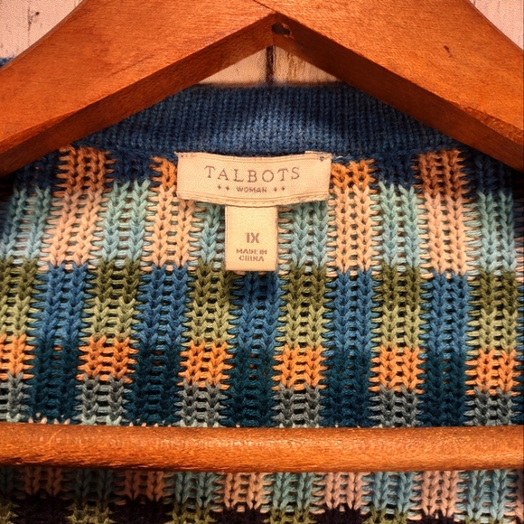 Talbots Cotton Geometric Stripe Block Open Front Cardigan Blue - Picture 3 of 9